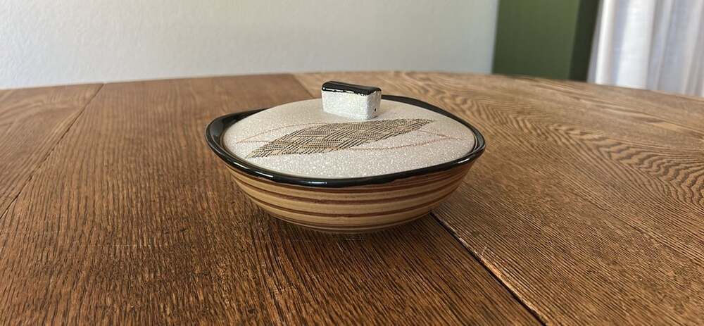 Vintage Ceramic Covered Bowl Striped Brown Speckled Mid Century Modern